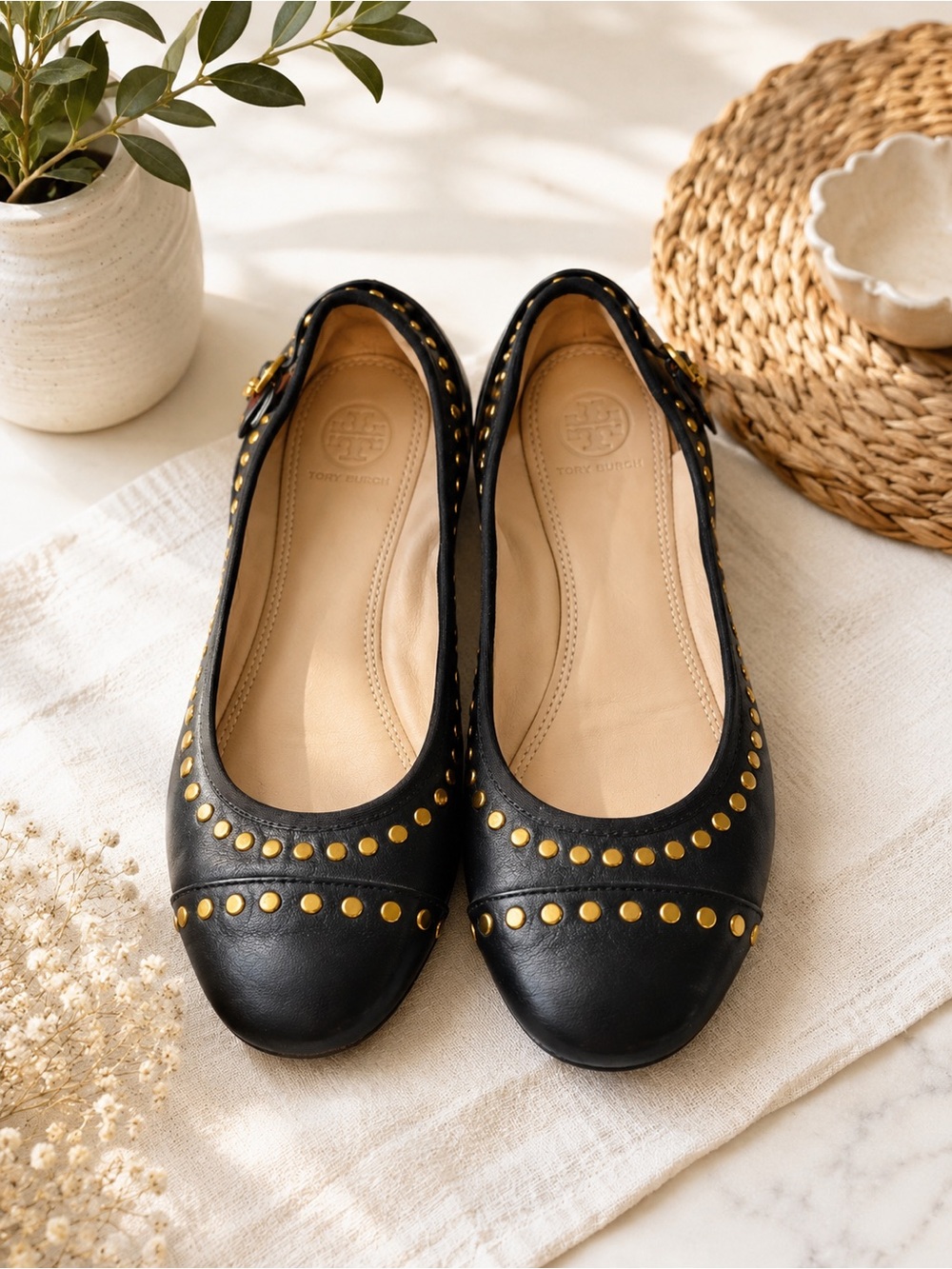 Tory Burch Black Leather Studded Ballet Flats with Gold Accents